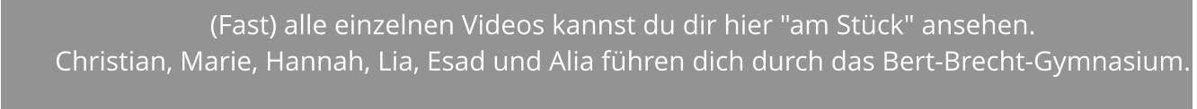 (Fast) alle einzelnen Videos kannst du dir hier "am Stück" ansehen. Christian, Marie, Hannah, Lia, Esad und Alia führen dich durch das Bert-Brecht-Gymnasium.